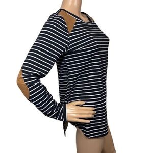 White Birch Black White Striped Long Sleeve with Tan Faux Suede Accents Size S